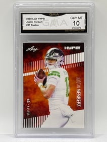 LIMITED EDITION /5000!! 2020 LEAF HYPE! JUSTIN HERBERT ROOKIE CARD GRADED GMA GEM MINT 10