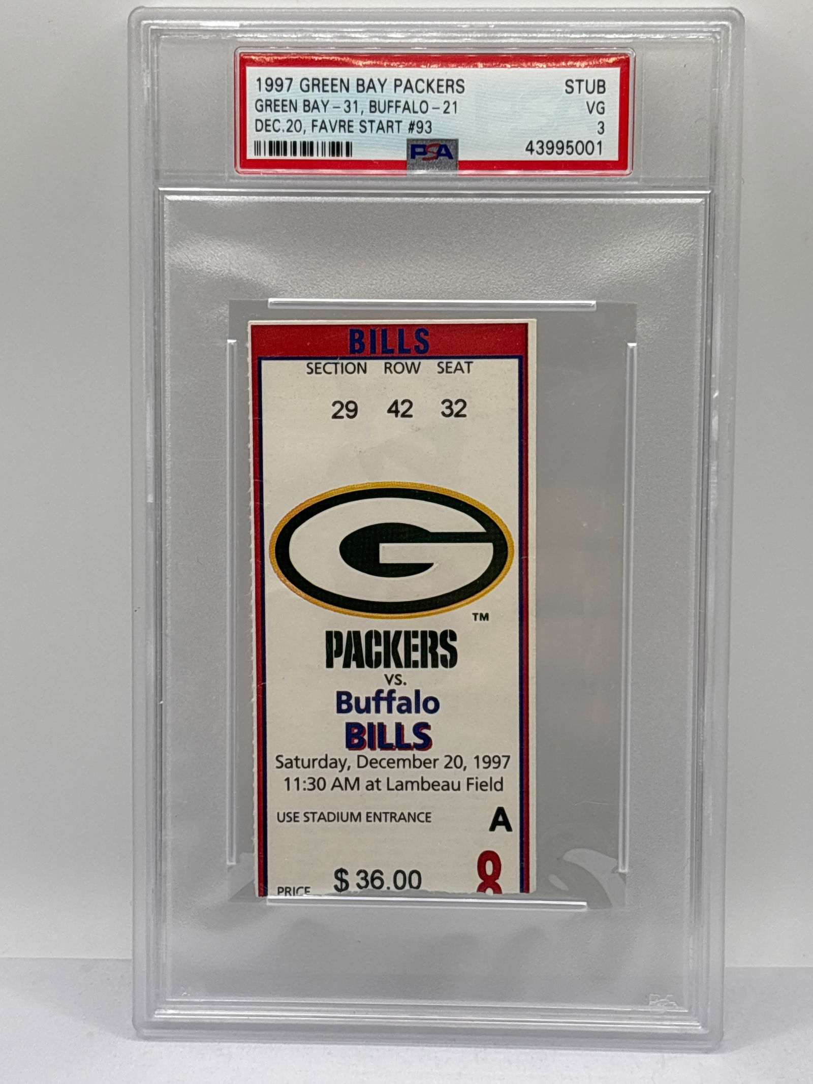 1997 GREEN BAY PACKERS VS BUFFALO BILLS 12-20-97 AUTHENTIC TICKET STUB PSA VG 3 (1 of 3)