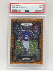2023 PANINI PRIZM JORDAN ADDISON ORANGE DISCO PRIZM HOLO ROOKIE CARD GRADED PSA MINT 9