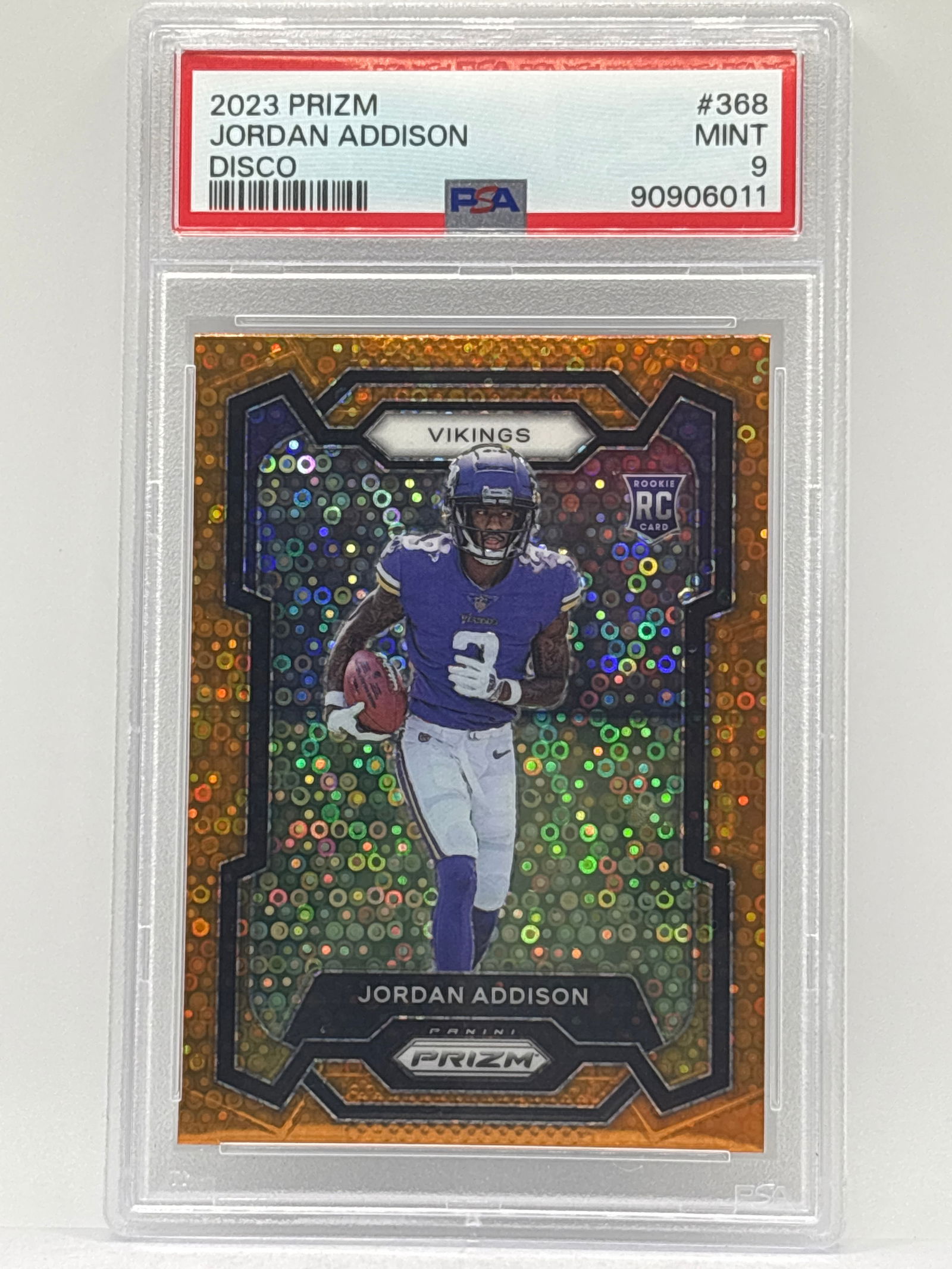 2023 PANINI PRIZM JORDAN ADDISON ORANGE DISCO PRIZM HOLO ROOKIE CARD GRADED PSA MINT 9 (1 of 3)