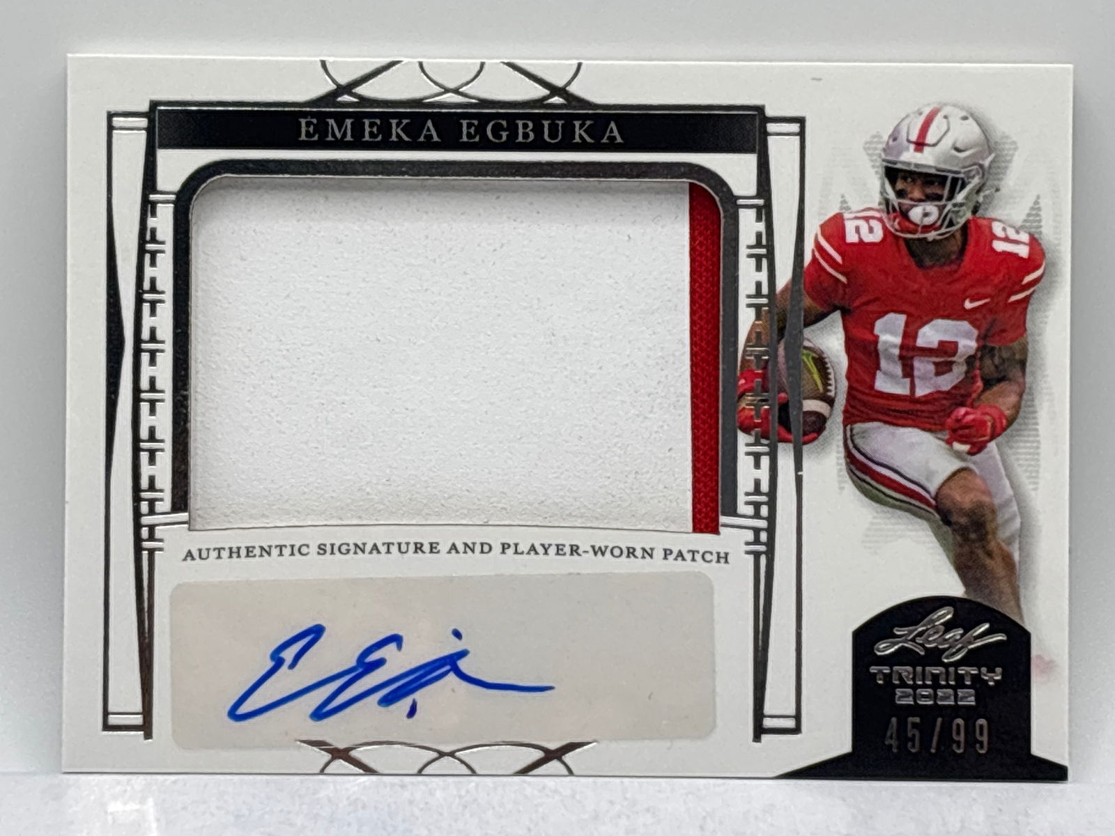 45/99!!  2022 LEAF TRINITY EMEKA EGBUKA RPA LARGE 2 COLOR PLAYER-WORN PATCH AUTOGRAPHED ROOKIE CARD (1 of 5)