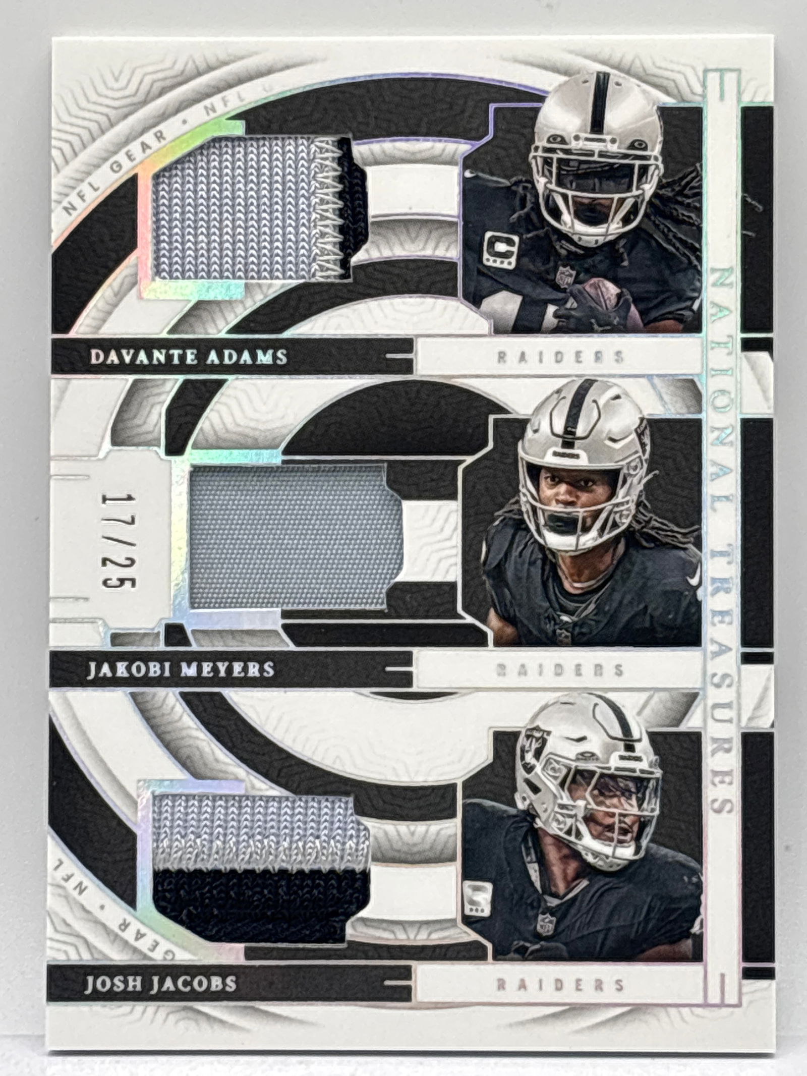 17/25!! 2023 PANINI NATIONAL TREASURES NFL GEAR JOSH JACOBS & DAVANTE ADAMS & JAKOBI MEYERS PATCH (1 of 3)