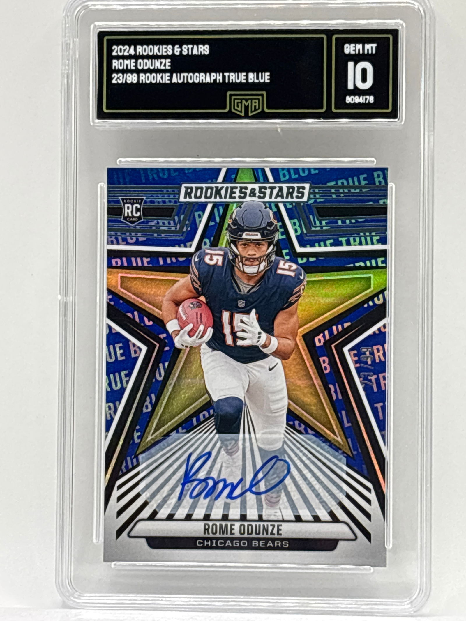 23/99!! 2024 PANINI ROOKIES & STARS ROME ODUNZE TRUE BLUE AUTOGRAPHED ROOKIE CARD GMA GEM MINT 10 (1 of 5)