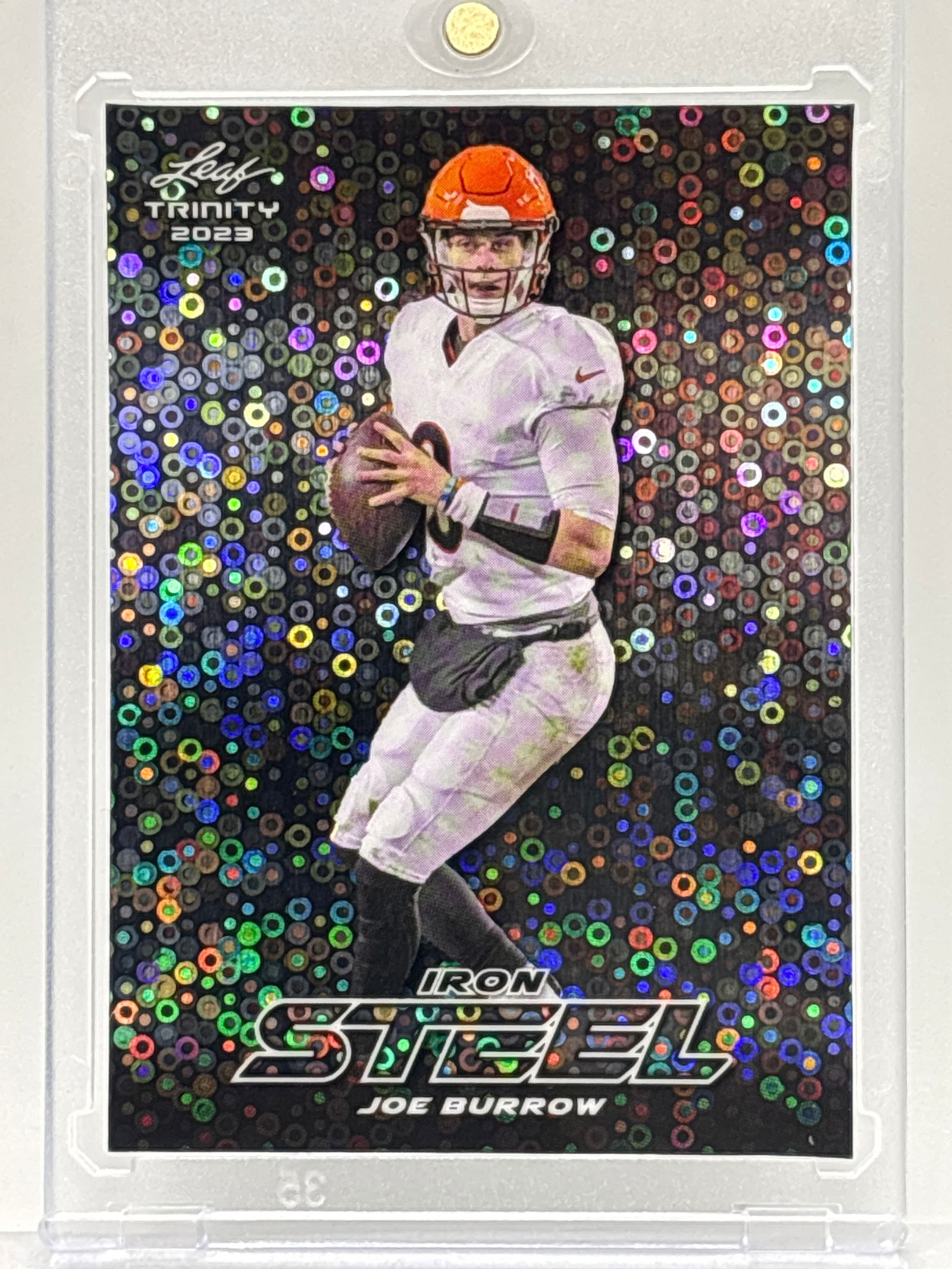 1/1!! 2023 LEAF TRINITY JOE BURROW IRON STEEL FAST BREAK 1/1 PRODUCTION PROOF (1 of 3)