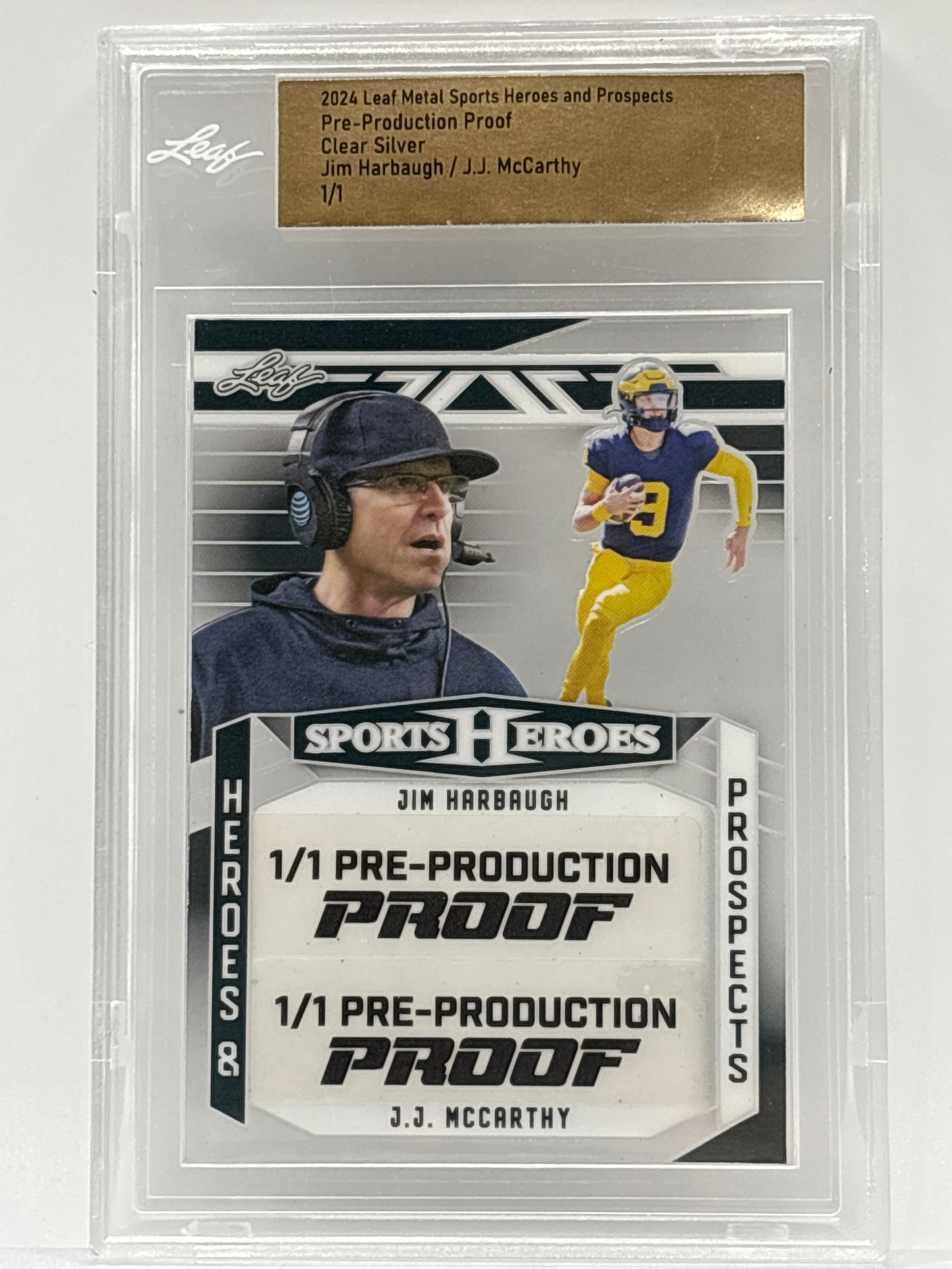 1/1!! 2024 LEAF METAL SPORTS HEROES & PROSPECTS CLEAR SILVER JJ MCCARTHY & JIM HARBAUGH 1/1 PP (1 of 3)