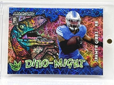 1/2!!  2023 WC ALUMINATION JAHMYR GIBBS BLUE LAZER DINO-MIGHT ROOKIE CARD