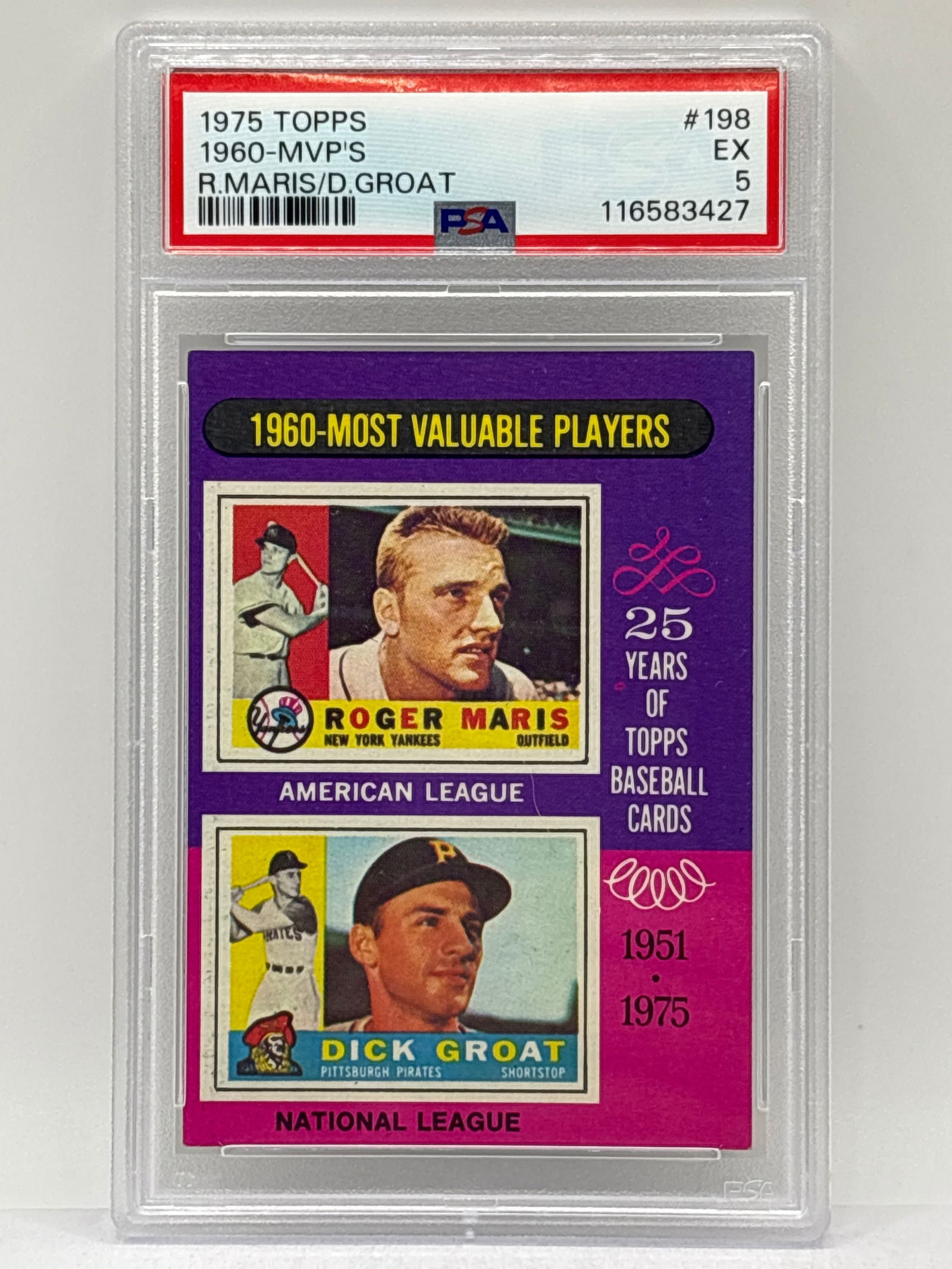 1975 TOPPS 1960 MVP’S ROGER MARIS & DICK GROAT GRADED PSA EX 5 (1 of 3)