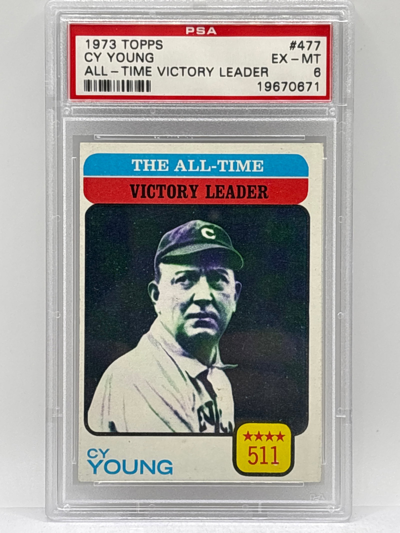 1973 TOPPS CY YOUNG ALL-TIME VICTORY LEADER GRADED PSA EX-MT 6: 1973 TOPPS CY YOUNG ALL-TIME VICTORY LEADER GRADED PSA EX-MT 6