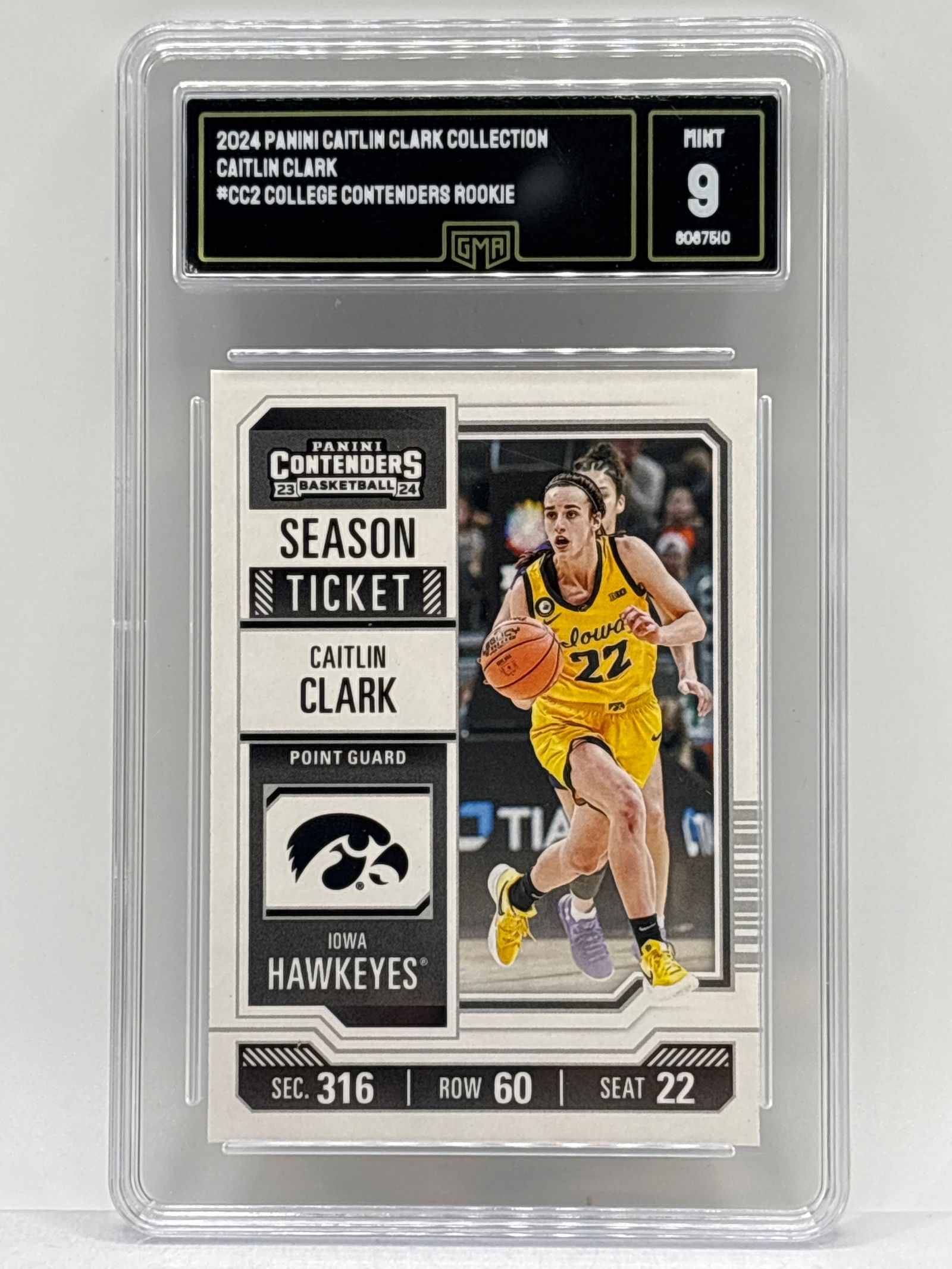 2024 PANINI CAITLIN CLARK COLLECTION CAITLIN CLARK COLLEGE CONTENDERS ROOKIE CARD GRADED GMA MINT 9 (1 of 3)