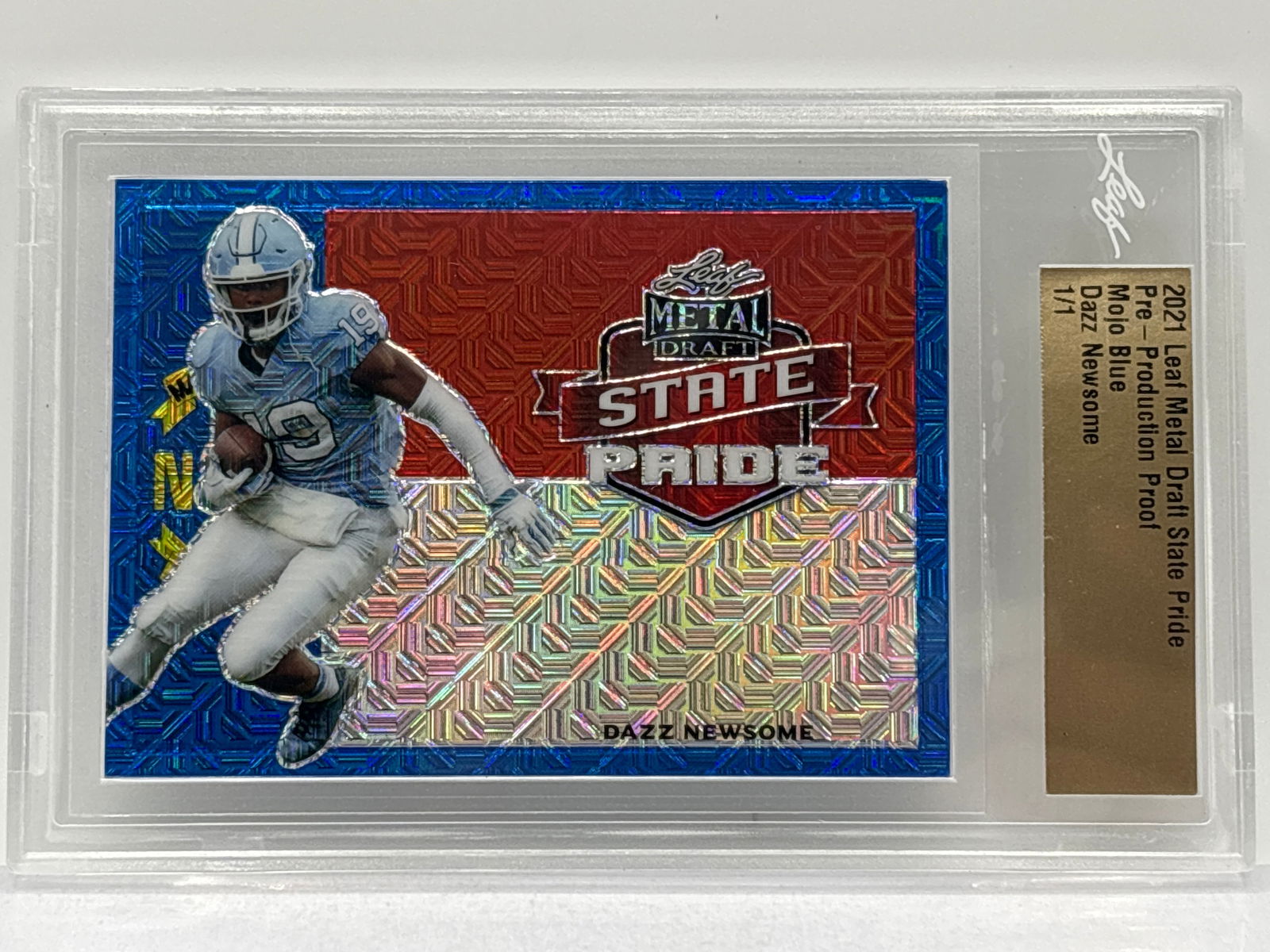 1/1!! 2021 LEAF METAL DRAFT STATE PRIDE DAZZ NEWSOME BLUE MOJO 1/1 PRE-PRODUCTION ROOKIE CARD (1 of 6)