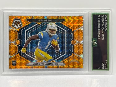 10/199!! 2023 PANINI MOSAIC QUENTIN JOHNSTON NFL DEBUT ORANGE PRIZM HOLO ROOKIE CARD GRADED MINT 9