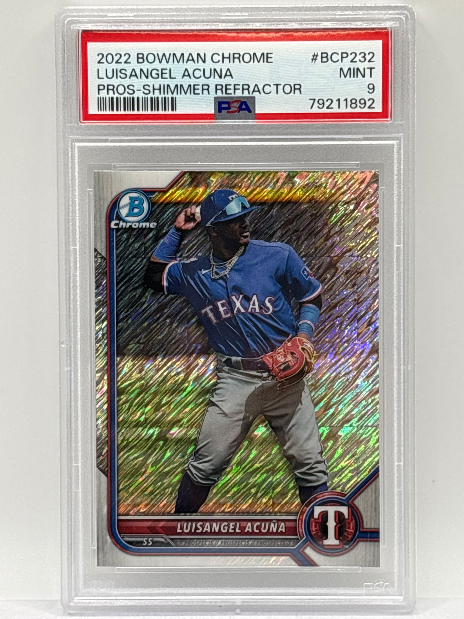 2022 BOWMAN CHROME PROSPECTS LUISANGEL ACUNA SHIMMER REFRACTOR ROOKIE CARD GRADED PSA MINT 9 (1 of 4)