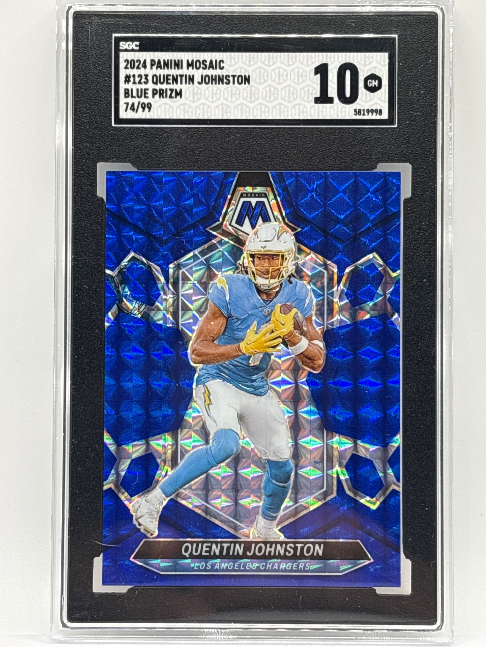 74/99!! 2024 PANINI MOSAIC QUENTIN JOHNSTON BLUE PRIZM HOLO GRADED SGC GEM MINT 10 (1 of 4)