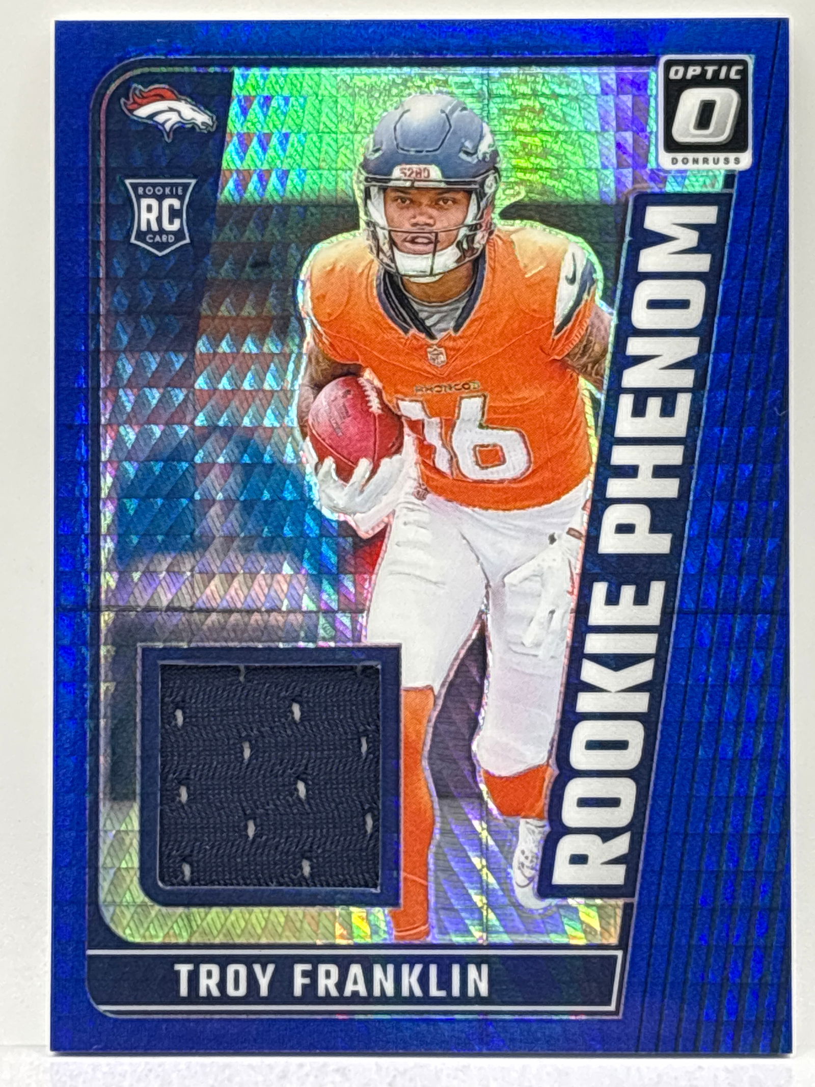 2024 PANINI DONRUSS OPTIC ROOKIE PHENOM TROY FRANKLIN AUTHENTIC MEM PATCH BLUE HYPER PRIZM HOLO RC (1 of 4)