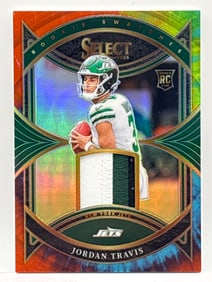 20/25!! 2024 PANINI SELECT ROOKIE SWATCHES JORDAN TRAVIS TYE-DYE 3 COLORED ROOKIE PATCH PRIZM HOLO