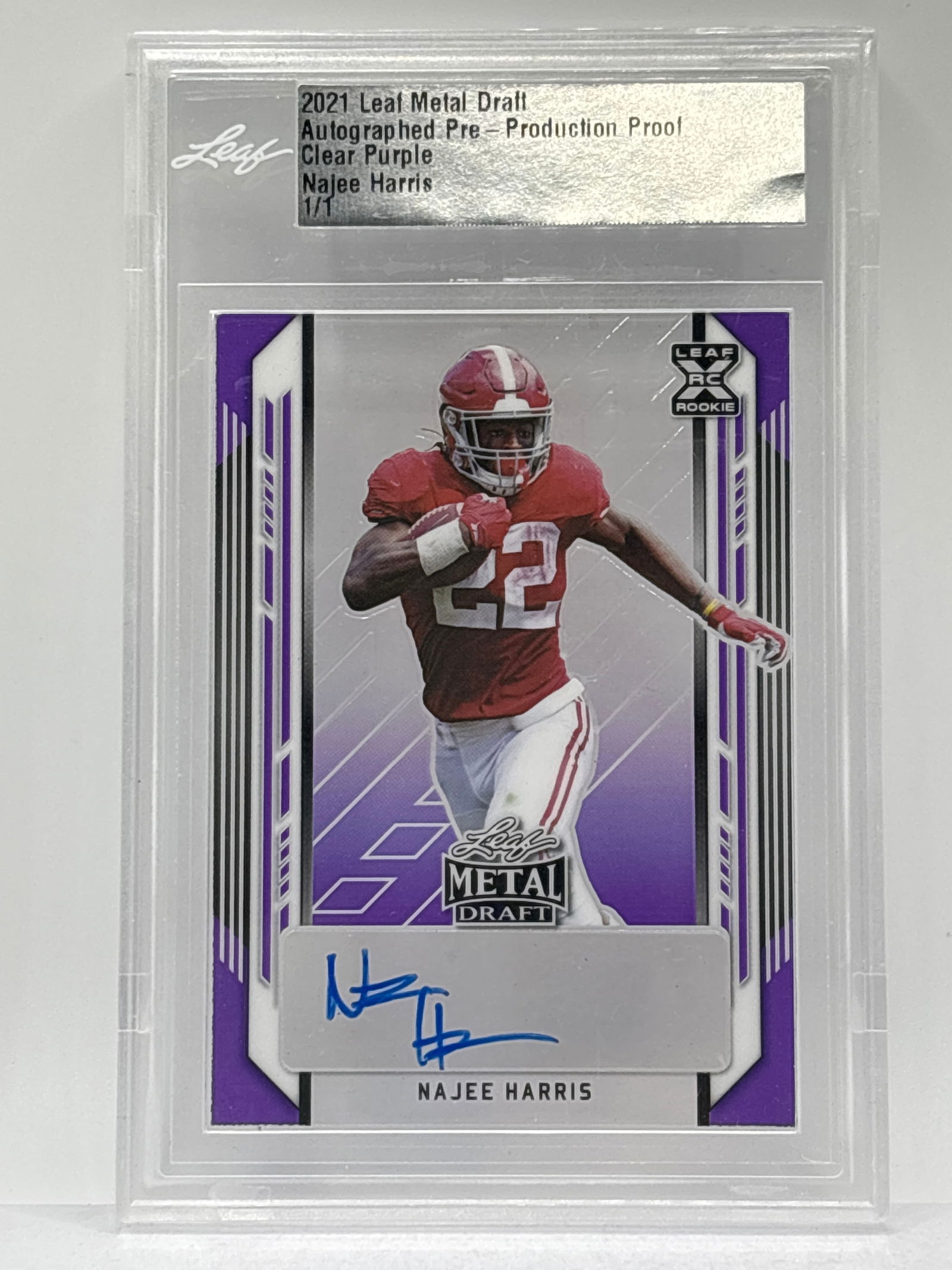 1/1!! 2021 LEAF METAL DRAFT NAJEE HARRIS CLEAR PURPLE AUTOGRAPHED 1/1 PRE-PRODUCTION ROOKIE CARD (1 of 3)
