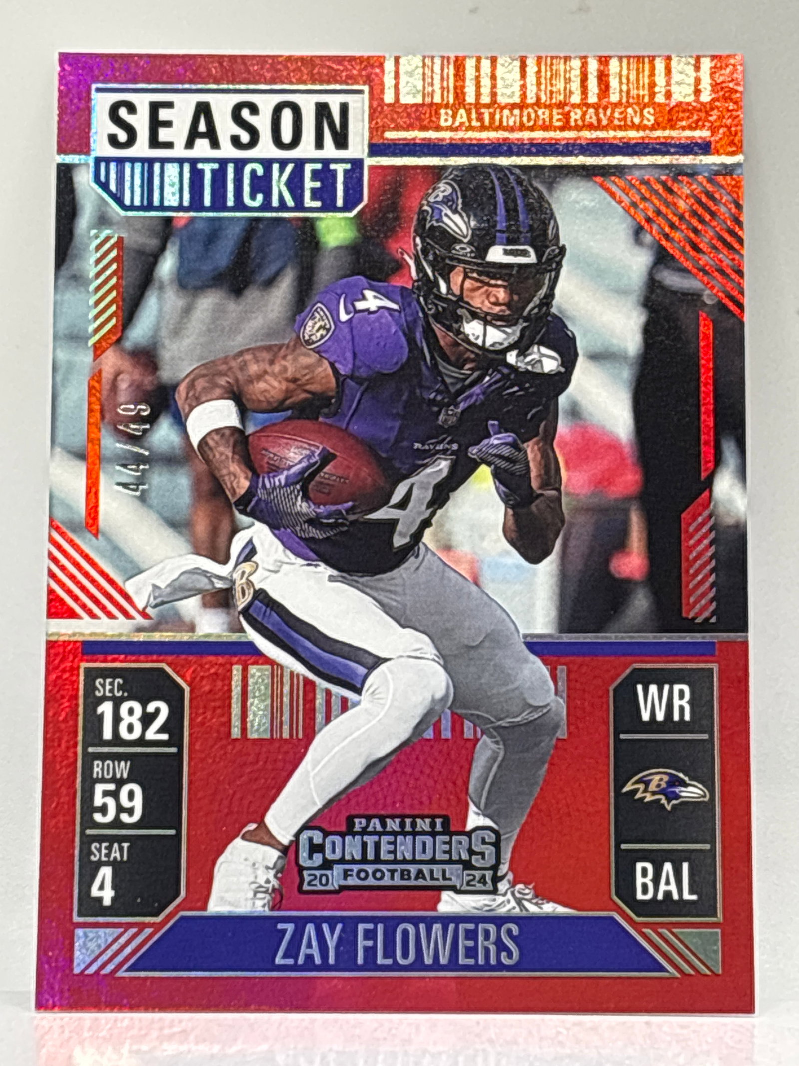 44/49!! 2024 PANINI CONTENDERS ZAY FLOWERS RED FOIL SEASON TICKET: 44/49!! 2024 PANINI CONTENDERS ZAY FLOWERS RED FOIL SEASON TICKET