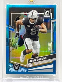 219/299!! 2023 PANINI DONRUSS OPTIC JOSH JACOBS BLUE PRIZM HOLO