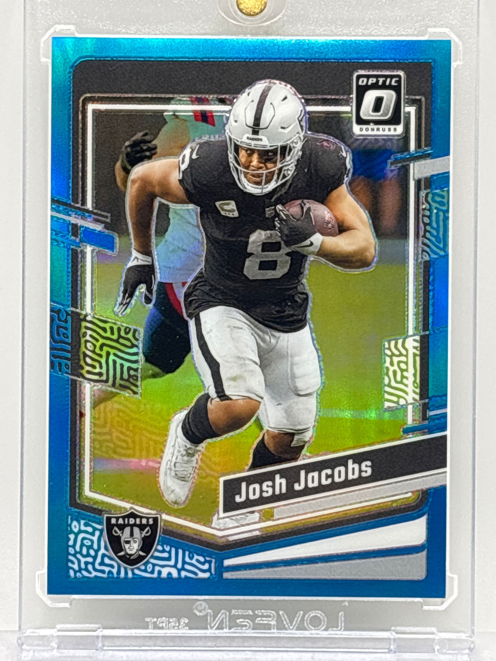219/299!! 2023 PANINI DONRUSS OPTIC JOSH JACOBS BLUE PRIZM HOLO (1 of 4)