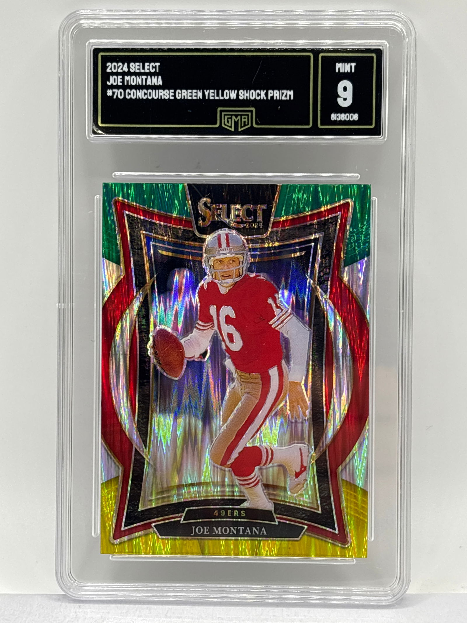 2024 PANINI SELECT JOE MONTANA CONCOURSE GREEN & YELLOW SHOCK PRIZM HOLO GMA MINT 9 (1 of 3)