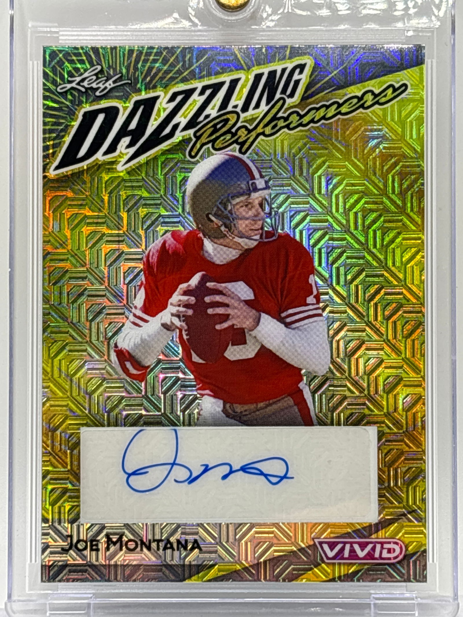 EXTREMELY RARE 5/9!! 2024 LEAF DAZZLING PERFORMERS JOE MONTANA AUTOGRAPHED YELLOW MOJO REFRACTOR (1 of 5)