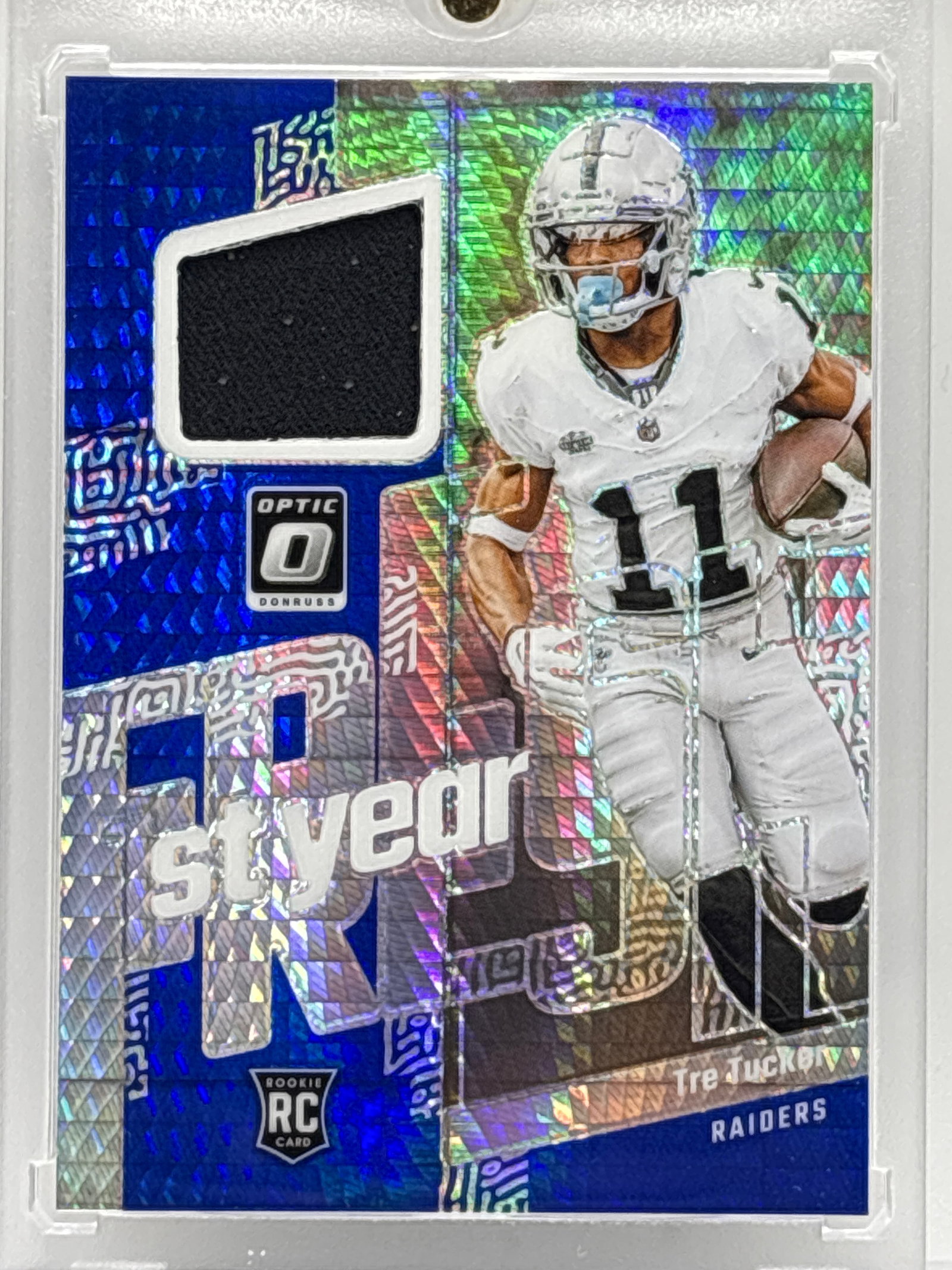2023 PANINI DONRUSS OPTIC 1ST YEAR FRESH TRE TUCKER BLUE HYPER PRIZM HOLO MEM ROOKIE PATCH: THE HOBBY BOX