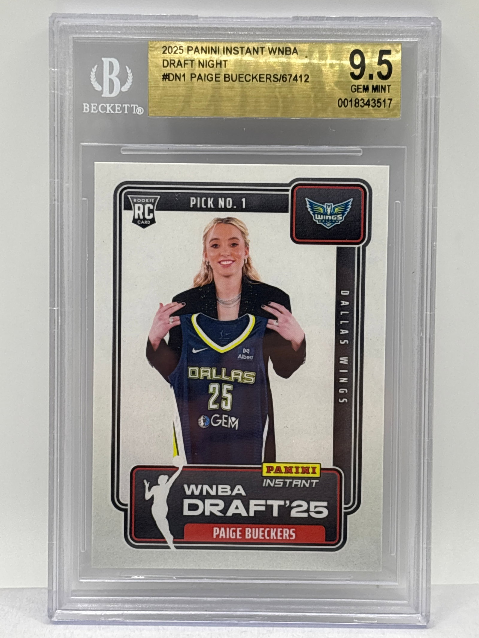 1/67412! 2025 PANINI INSTANT WNBA DRAFT NIGHT PAIGE BUEKERS ROOKIE CARD GRADED BECKETT GEM MINT 9.5: THE HOBBY BOX
