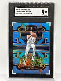 260/299!! 2023-24 PANINI SELECT CONCOURSE TYRESE HALIBURTON LIGHT BLUE PRIZM HOLO SP GRADED SGC MINT