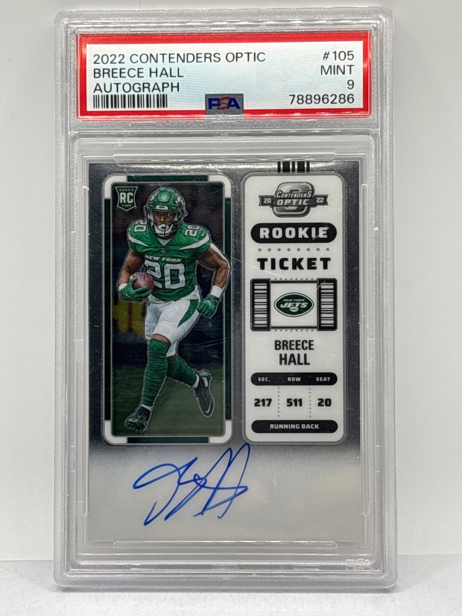 2022 PANINI CONTENDERS OPTIC BREECE HALL AUTOGRAPHED ROOKIE TICKET GRADED PSA MINT 9: THE HOBBY BOX