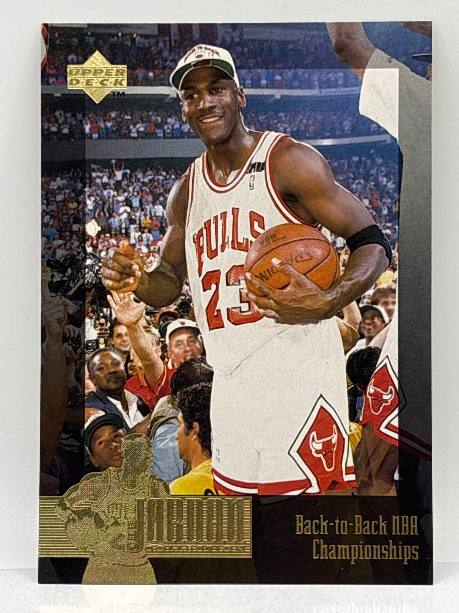RARE 3 1/2 x 5” 1996 UPPER DECK MICHAEL JORDAN COLLECTION GOLD FOIL BACK-TO-BACK NBA CHAMPS (1 of 4)
