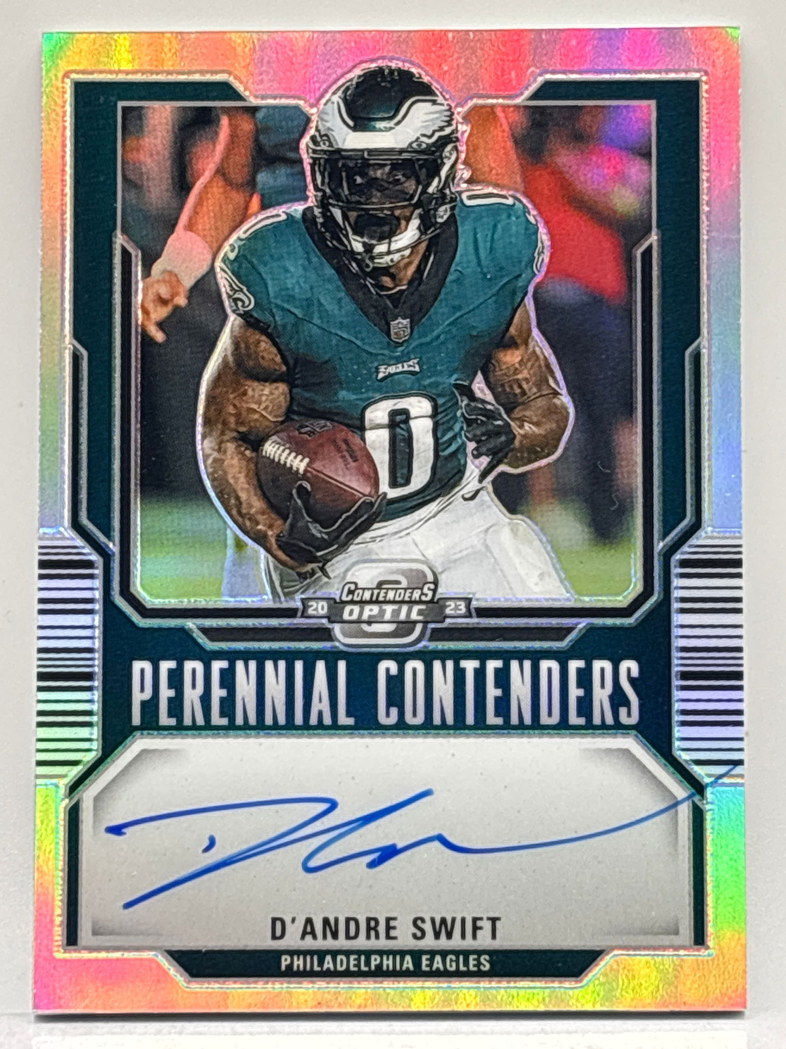 52/99!! 2023 PANINI CONTENDERS OPTIC D’ANDRE SWIFT PERENNIAL CONTENDERS ON-CARD PRIZM HOLO AUTO RC (1 of 3)