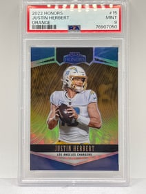 EXTREMELY RARE 11/20!! 2022 PANINI HONORS JUSTIN HERBERT ORANGE PRIZM HOLO GRADED PSA MINT 9