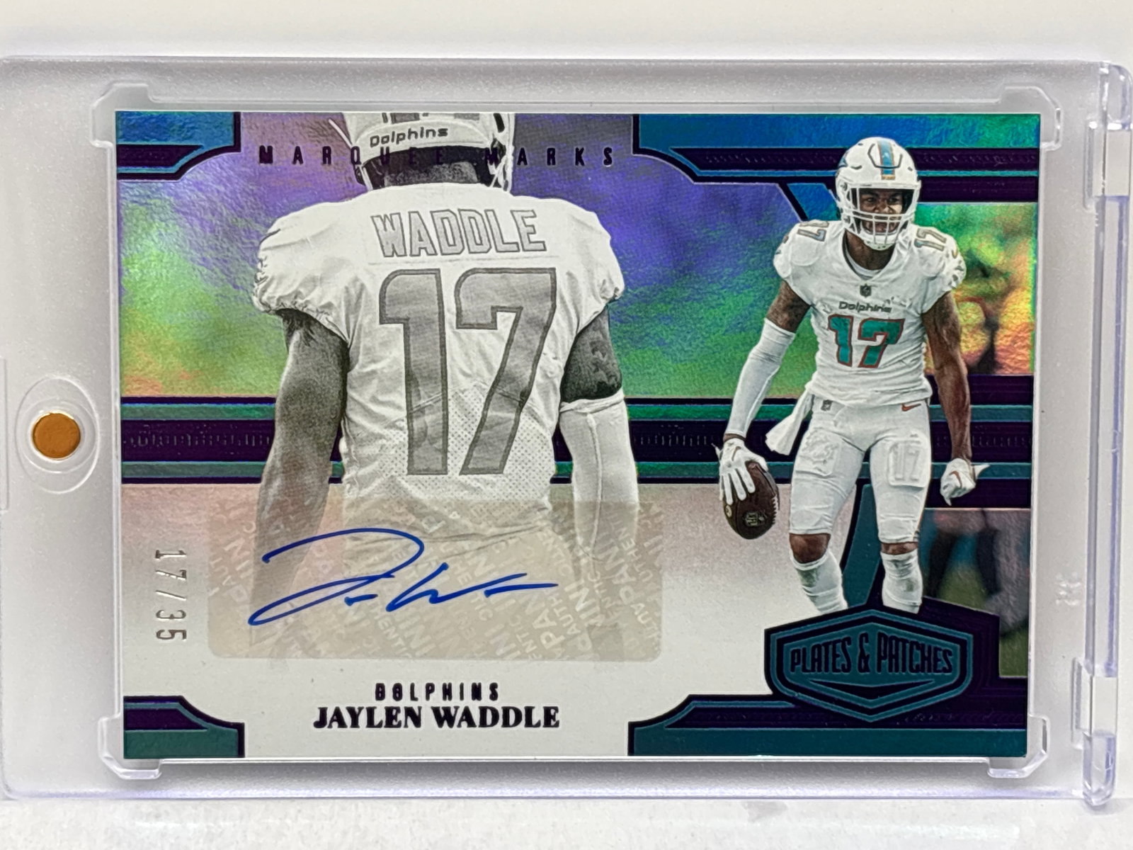 17/35!! 2023 PANINI PLATES & PATCHES MARQUEE MARKS JAYLEN WADDLE AUTOGRAPHED HOLO: THE HOBBY BOX