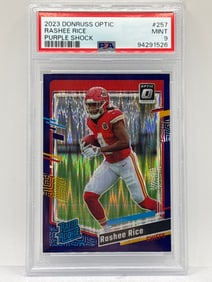 2023 PANINI DONRUSS OPTIC RASHEE RICE PURPLE SHOCK PRIZM HOLO ROOKIE CARD GRADED PSA MINT 9