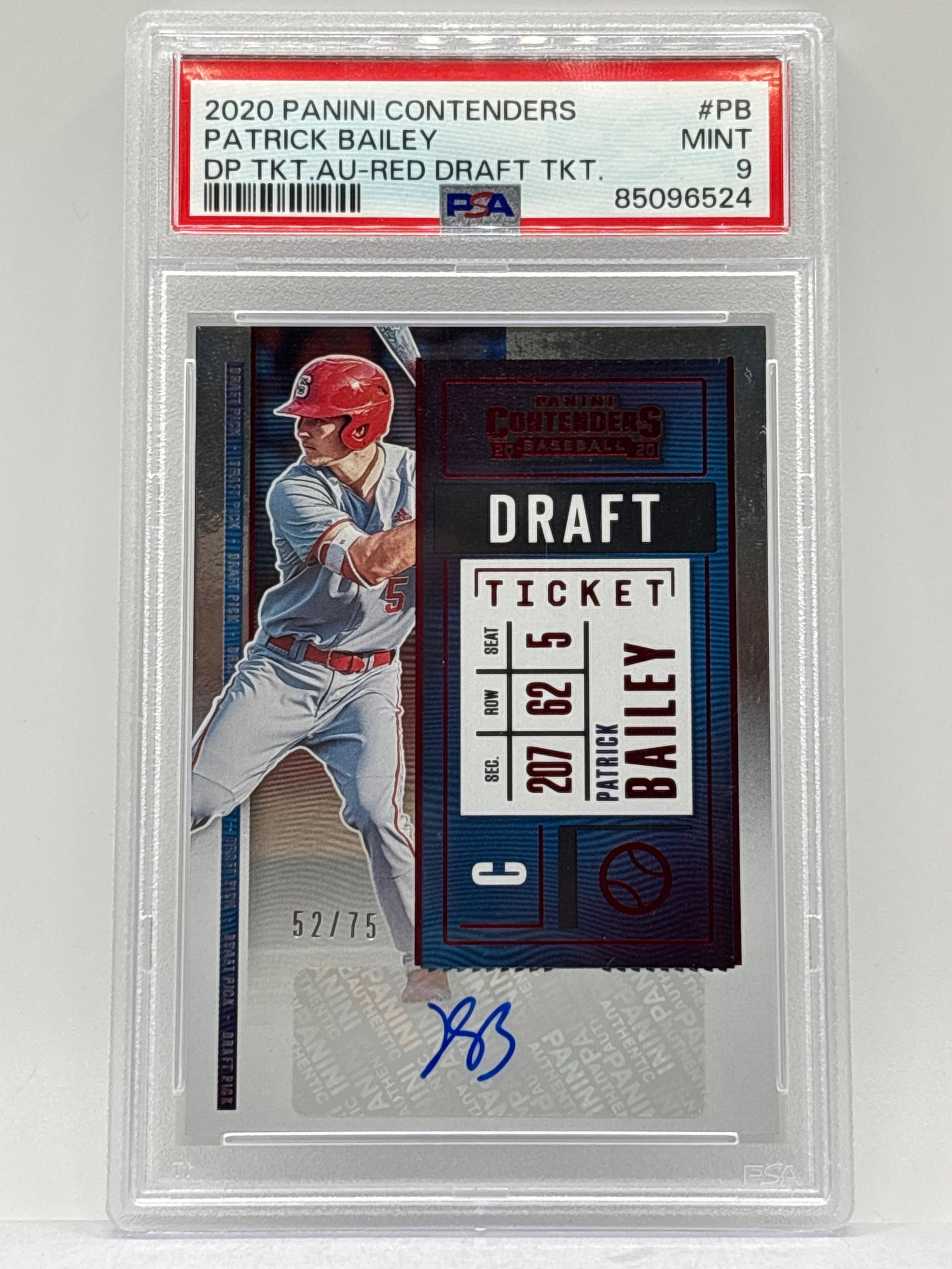 52/75!! 2020 PANINI CONTENDERS PATRICK BAILEY DRAFT TICKET AUTOGRAPHED RC GRADED PSA MINT 9: THE HOBBY BOX