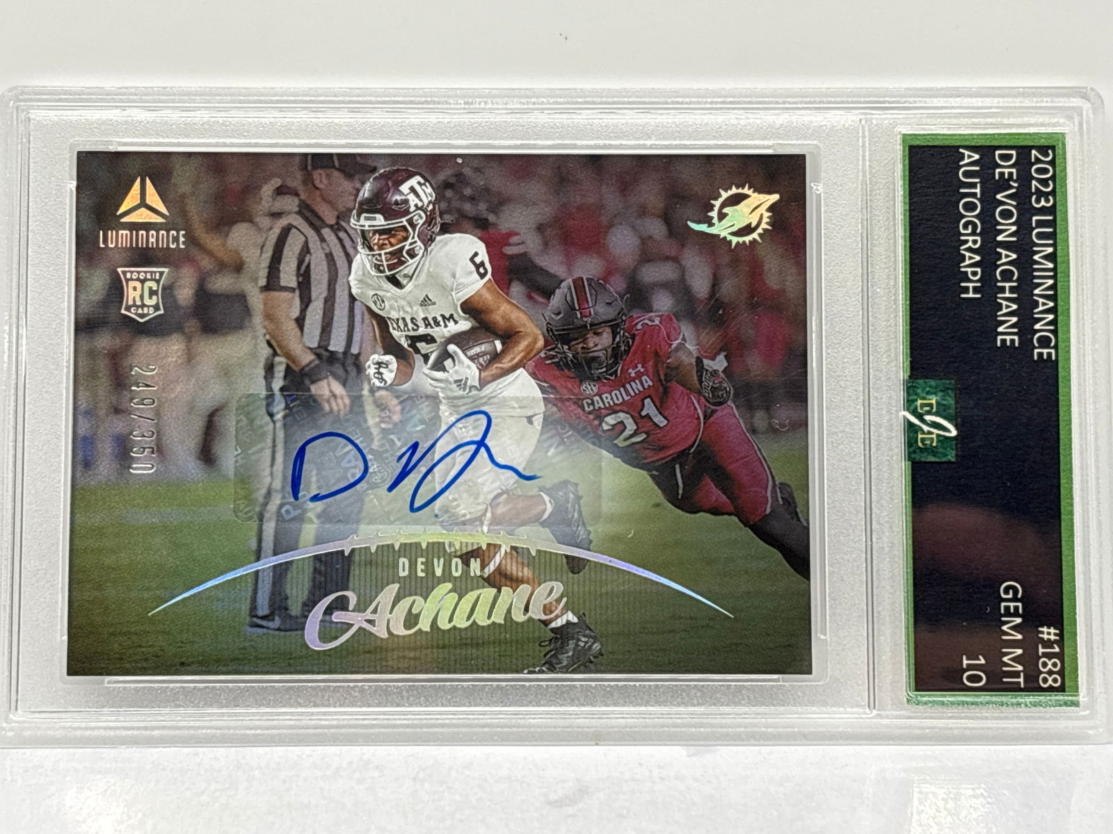 249/350!! 2023 PANINI LUMINANCE DE’VON ACHANE AUTOGRAPHED ROOKIE CARD GRADED GEM MINT 10 (1 of 3)
