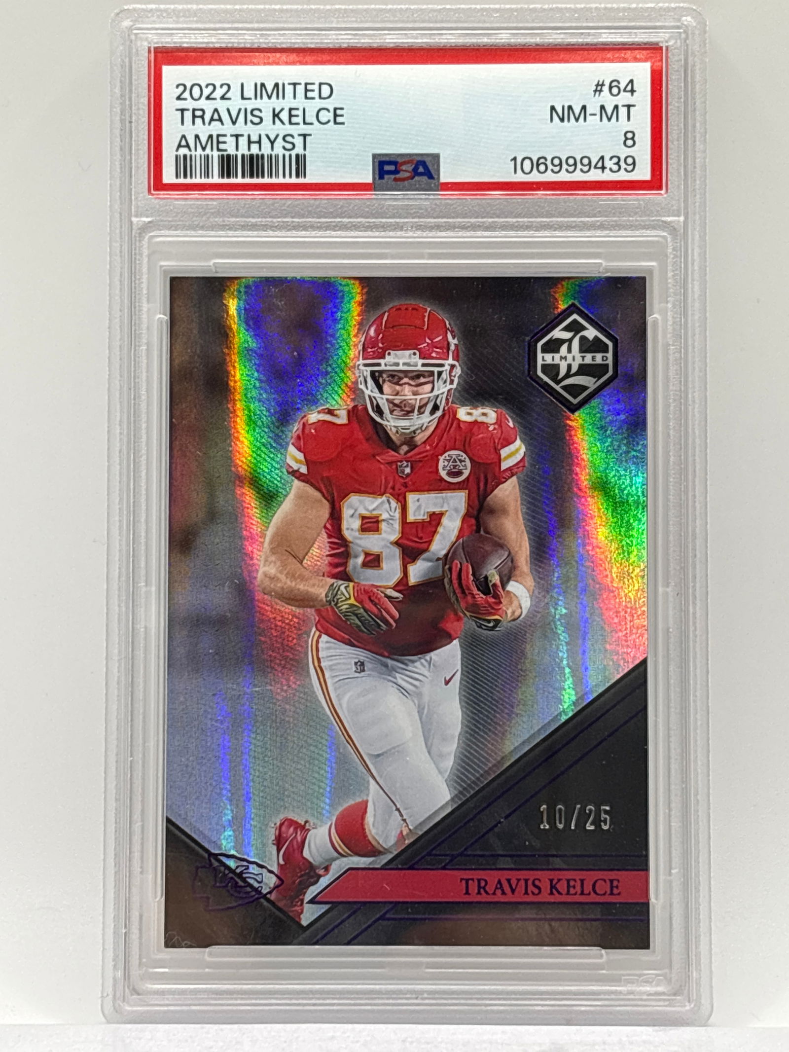 EXTREMELY RARE 10/25!! 2022 PANINI LIMITED TRAVIS KELCE AMETHYST GRADED PSA NM-MT 8: THE HOBBY BOX