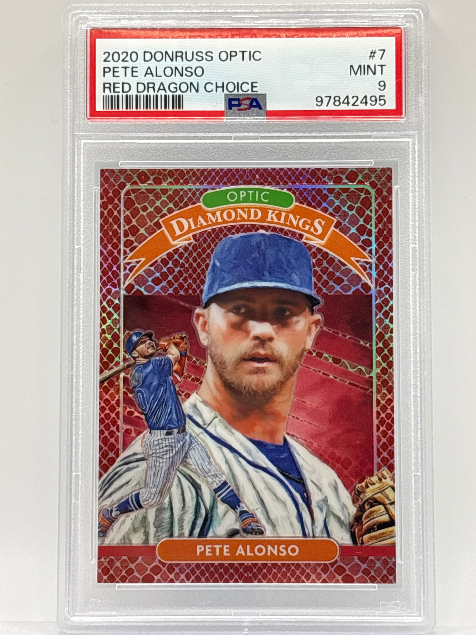 84/88!! 2020 PANINI DONRUSS OPTIC DIAMOND KINGS PETE ALONSO RED DRAGON CHOICE PRIZM PSA HOLO MINT 9 (1 of 4)
