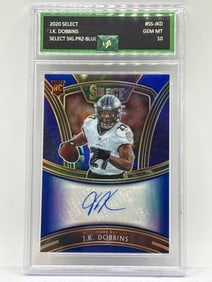 43/50!! 2020 PANINI SELECT JK DOBBINS AUTOGRAPHED BLUE PRIZM HOLO ROOKIE CARD GRADED GEM MINT 10