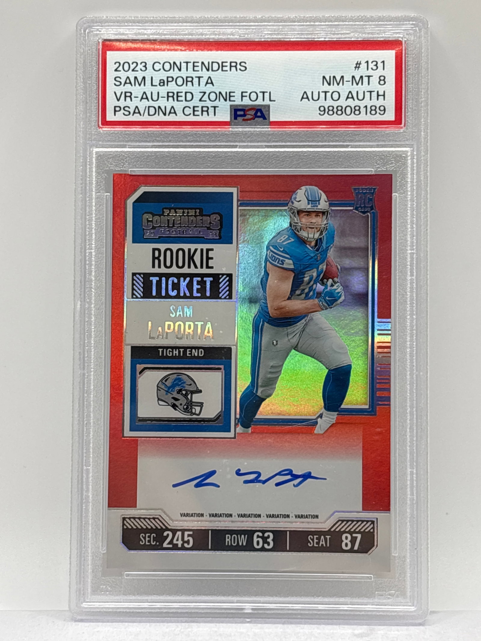 2023 PANINI CONTENDERS SAM LAPORTA VARIATION FOTL AUTOGRAPHED RED FOIL ON-CARD RC GRADED PSA NM-MT 8: THE HOBBY BOX