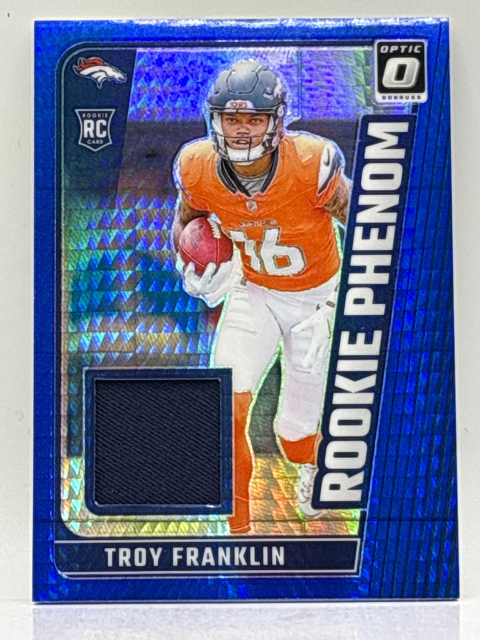 2024 PANINI DONRUSS OPTIC TROY FRANKLIN ROOKIE PHENOM BLUE HYPER PRIZM HOLO MEM ROOKIE PATCH (1 of 2)