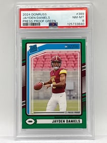 2024 PANINI DONRUSS JAYDEN DANIELS PRESS PROOF GREEN RATED ROOKIE CARD GRADED PSA NM-MT 8
