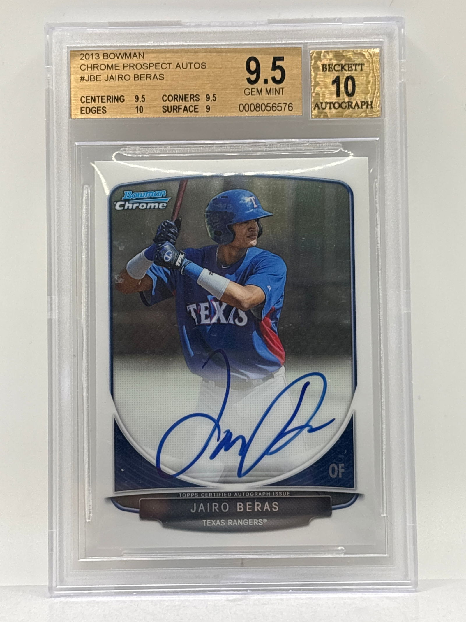 2013 BOWMAN CHROME PROSPECT JAIRO BERAS ON-CARD AUTOGRAPHED ROOKIE CARD GRADED BECKKETT GEM MINT 9.5 (1 of 3)