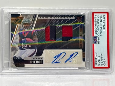 46/50!! 2022 PANINI ZENITH DAMEON PIERCE RPA DOUBLE PATCH AUTO RC GRADED PSA NM-MT 8/MINT 9