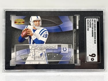 59/250!! 2009 DONRUSS GRIDIRON GEAR PEYTON MANNING PLAYBOOK SILVER SP GRADED MINT 9