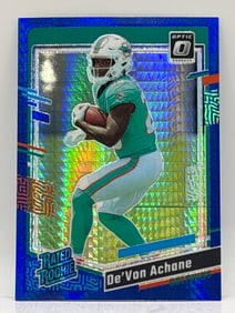 2023 PANINI DONRUSS OPTIC DE’VON ACHANE BLUE HYPER PRIZM HOLO RATED ROOKIE CARD