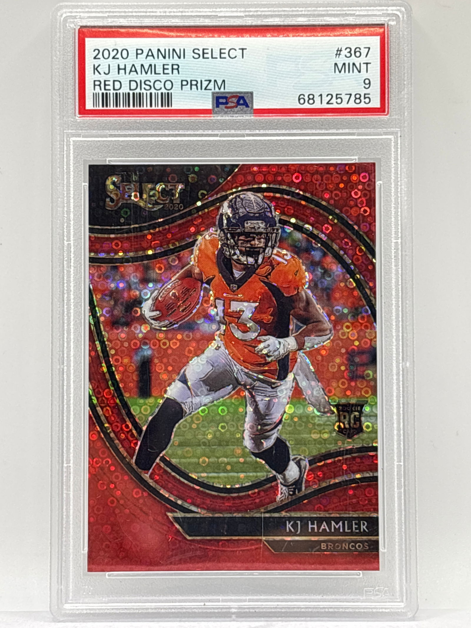 14/49!! 2020 PANINI SELECT FIELD LEVEL KJ HAMLER RED DISCO PRIZM HOLO ROOKIE CARD GRADED PSA MINT 9 (1 of 4)