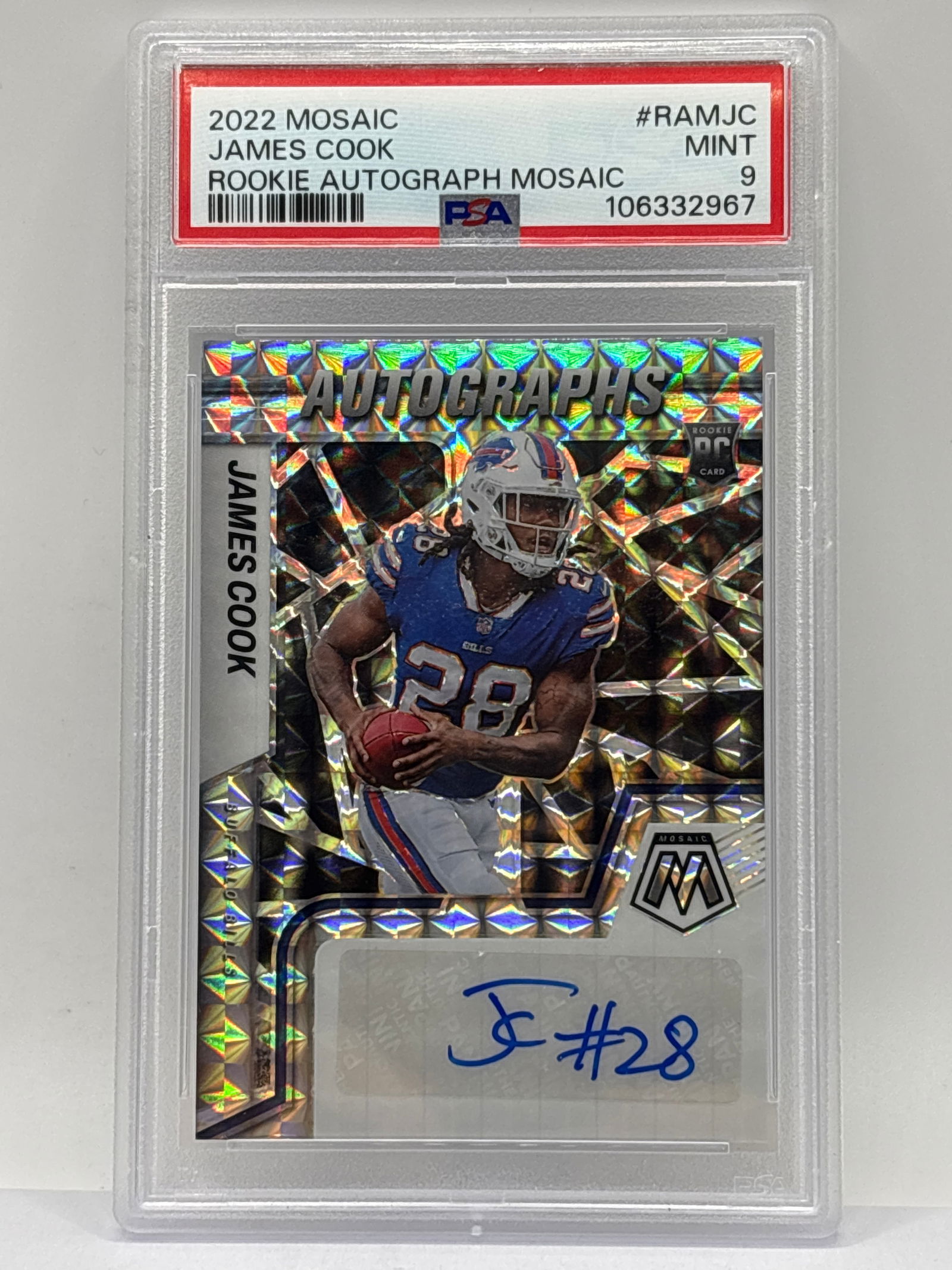 2022 PANINI MOSAIC JAMES COOK AUTOGRAPHED SILVER PRIZM HOLO SP ROOKIE CARD GRADED PSA MINT 9 (1 of 5)