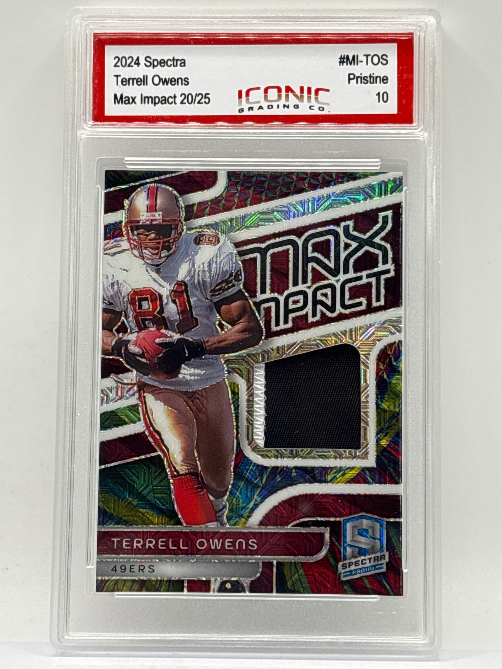 20/25!! 2024 PANINI SPECTRA MAX IMPACT TERRELL OWENS AUTHENTIC MEM PATCH PRIZM HOLO SP PRISTINE 10 (1 of 5)