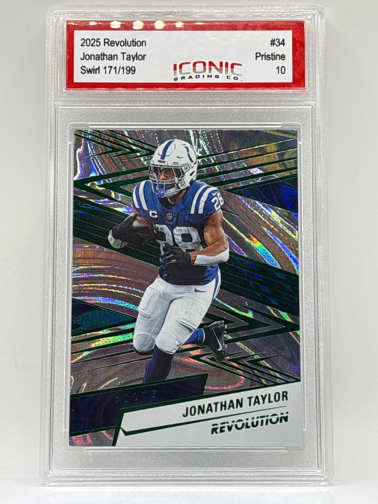 171/199!! 2025 PANINI REVOLUTION JONATHAN TAYLOR SWIRL SP GRADED PRISTINE 10: THE HOBBY BOX